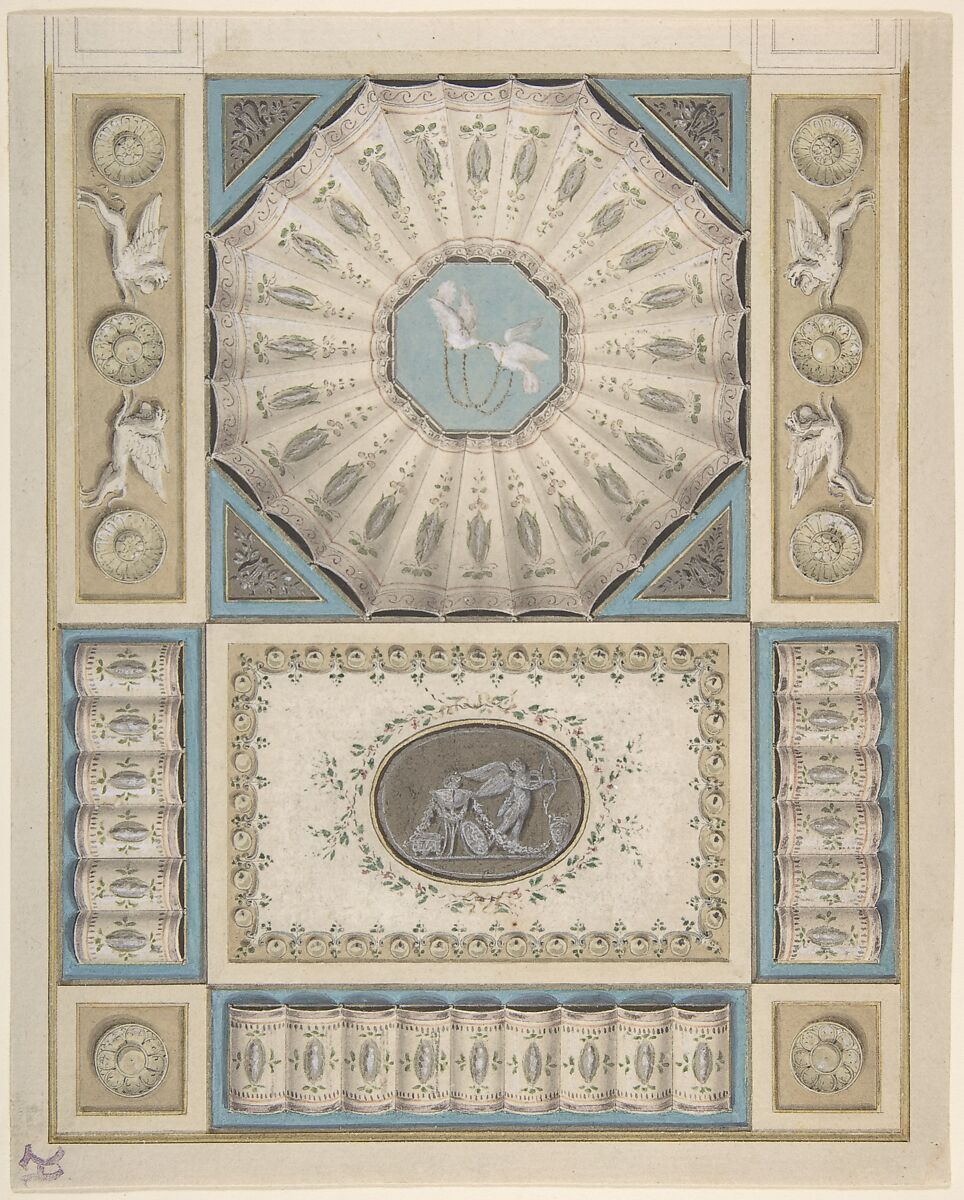 Design for Ceiling Decoration in Neoclassical Style, Anonymous, Italian, Roman, 18th century, Pen and black ink, brush and colored wash, blue gouache, highlighted with white 