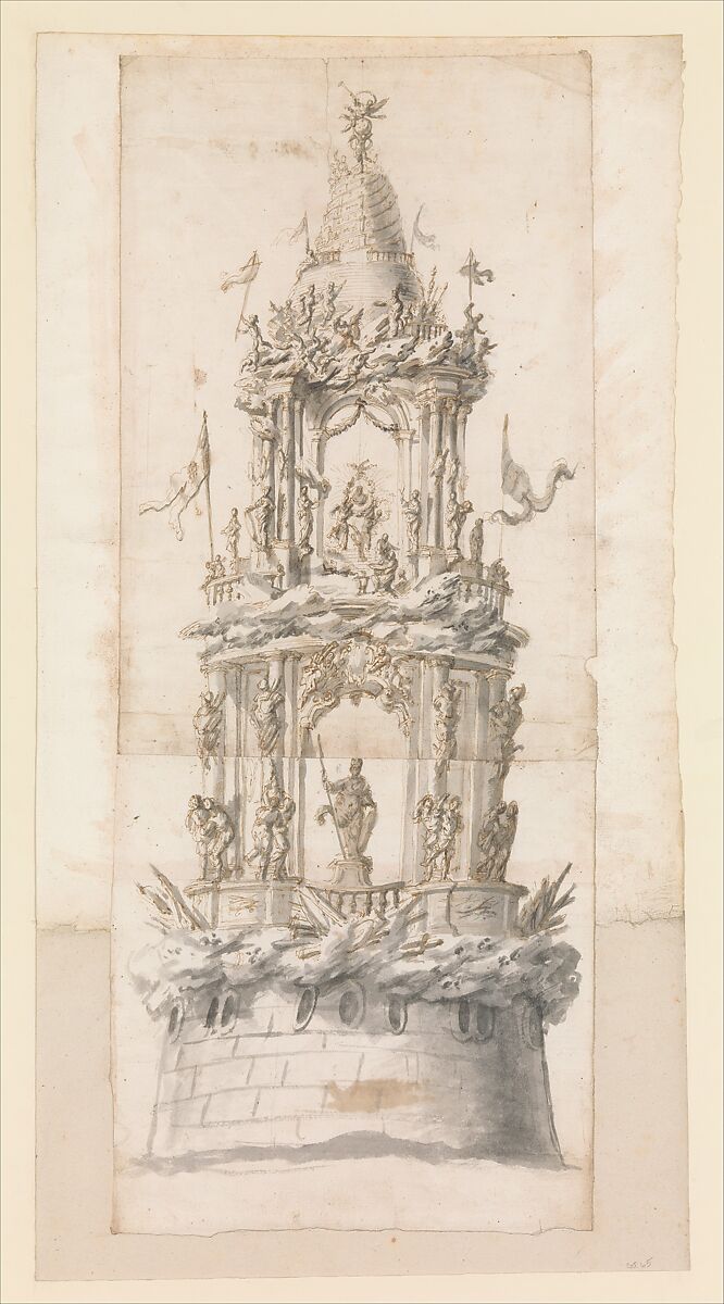 Design for a Temporary Structure for a Festival Celebration, Anonymous, Italian, Roman, 18th century, Pen and brown ink, brush and gray wash 