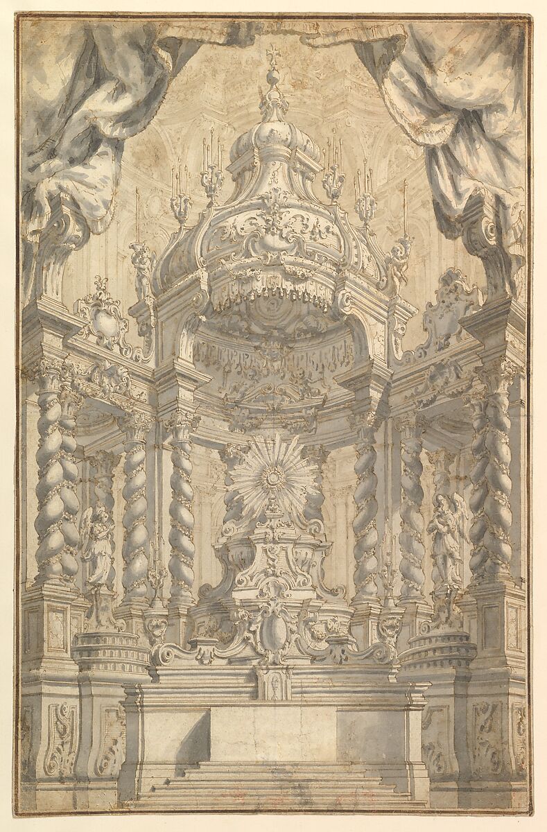 Design for Altar Decorations for a Liturgical Celebration, Anonymous, Italian, Piedmontese, 18th century, Pen and brown ink, brush with gray and brown wash, partially laid down on blue paper 