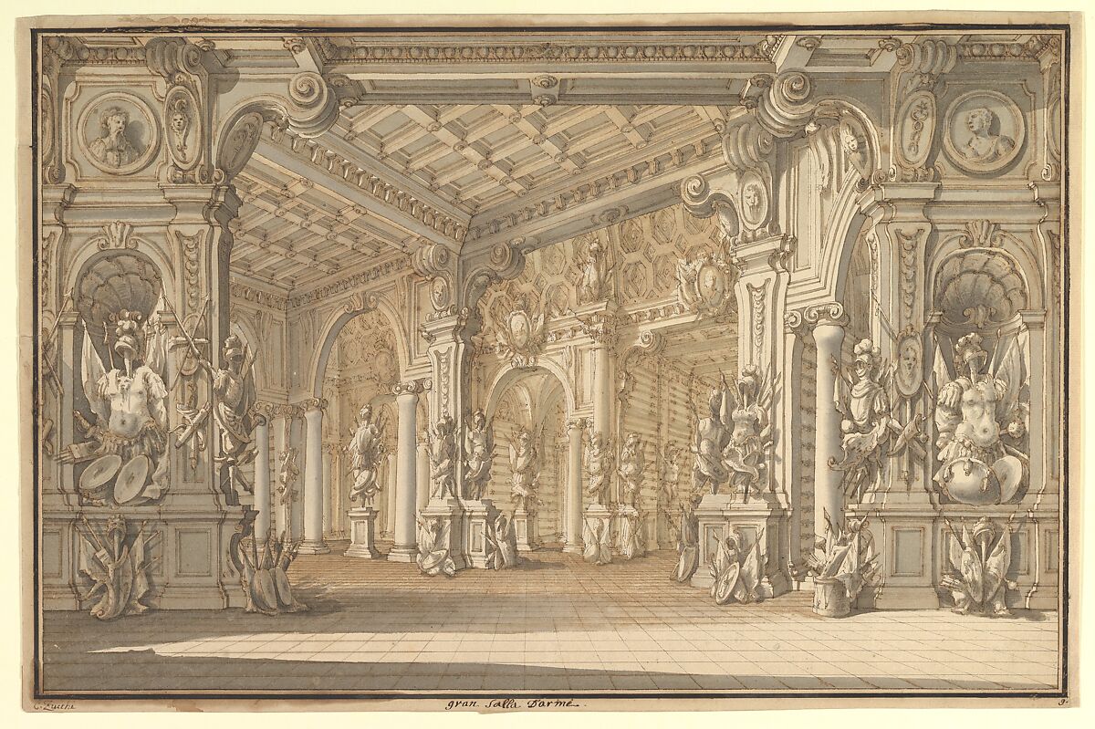 Design for a Stage Set, Carlo Zucchi the Younger (Italian, Venice 1728–1796 Russia (?)), Pen and brown ink, brush and brown and gray wash 