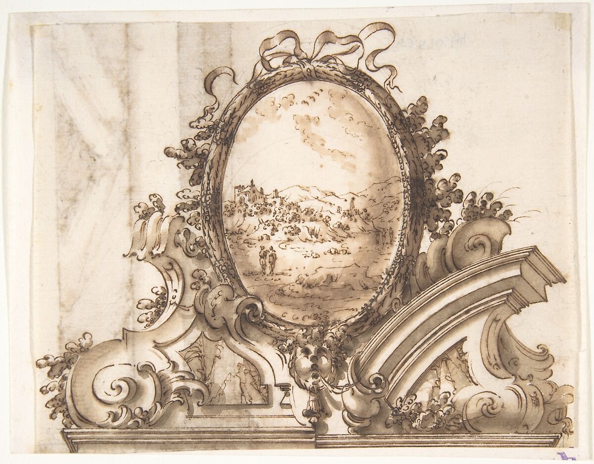 Design for an Overdoor Decoration with Variant (recto); Sketch of a Marbled Wall (verso), Anonymous, Italian, Bolognese, 18th century, Pen and brown ink, brush and wash, over traces of black chalk (recto).  Pen and brown ink (verso) 