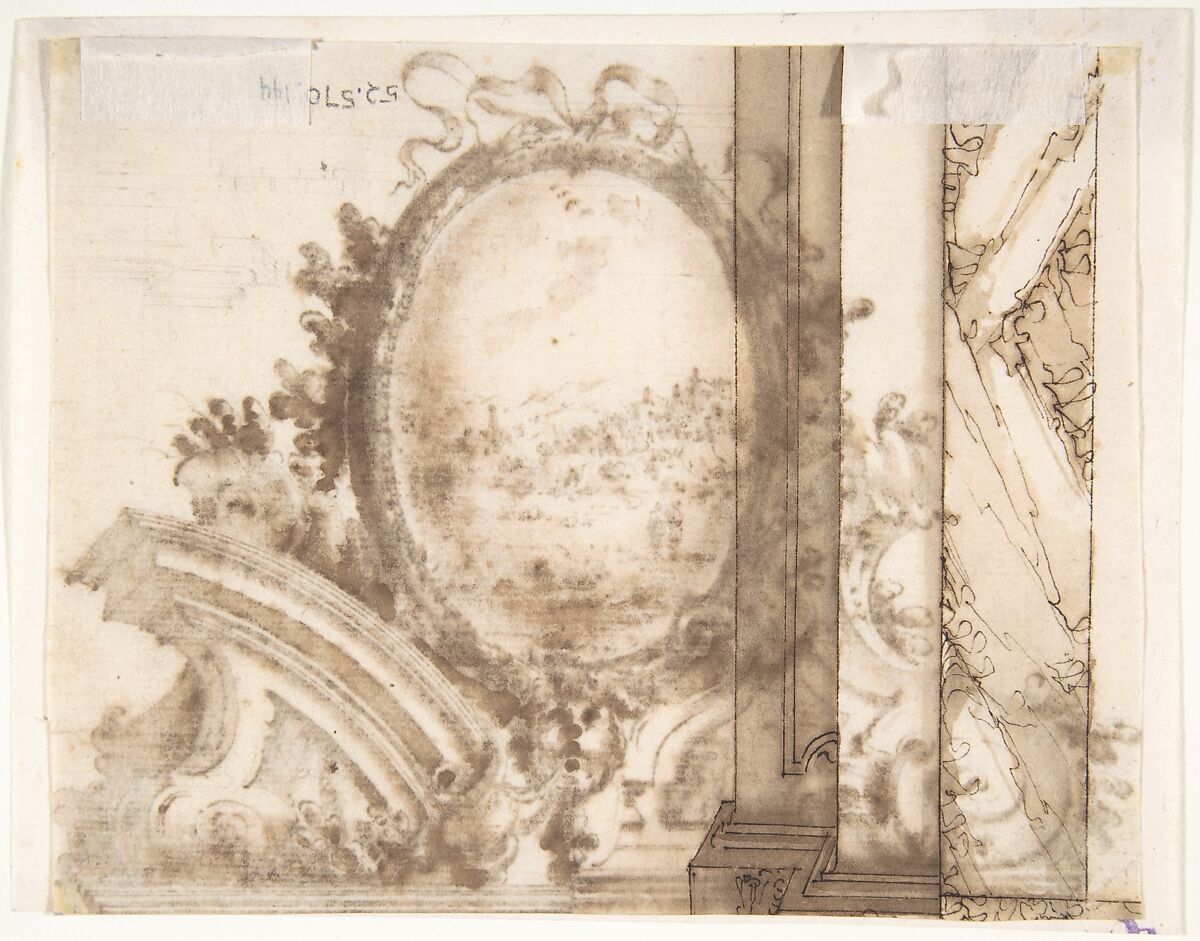 Design for an Overdoor Decoration with Variant (recto); Sketch of a Marbled Wall (verso), Anonymous, Italian, Bolognese, 18th century, Pen and brown ink, brush and wash, over black chalk (recto); pen and brown ink (verso)