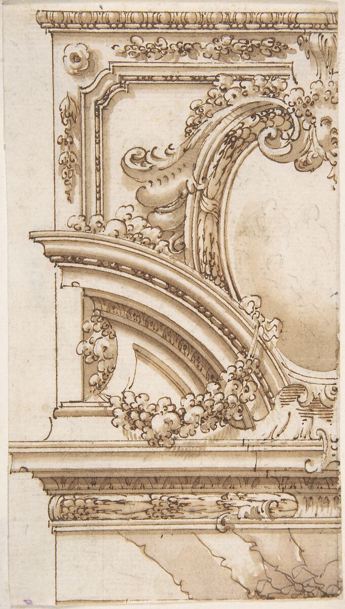 Designs for an Overdoor Decoration (recto);  Various Sketches (verso), Anonymous, Italian, Bolognese, 18th century, Pen and brown ink, brush and wash, over traces of black chalk (recto).  Black chalk (verso) 
