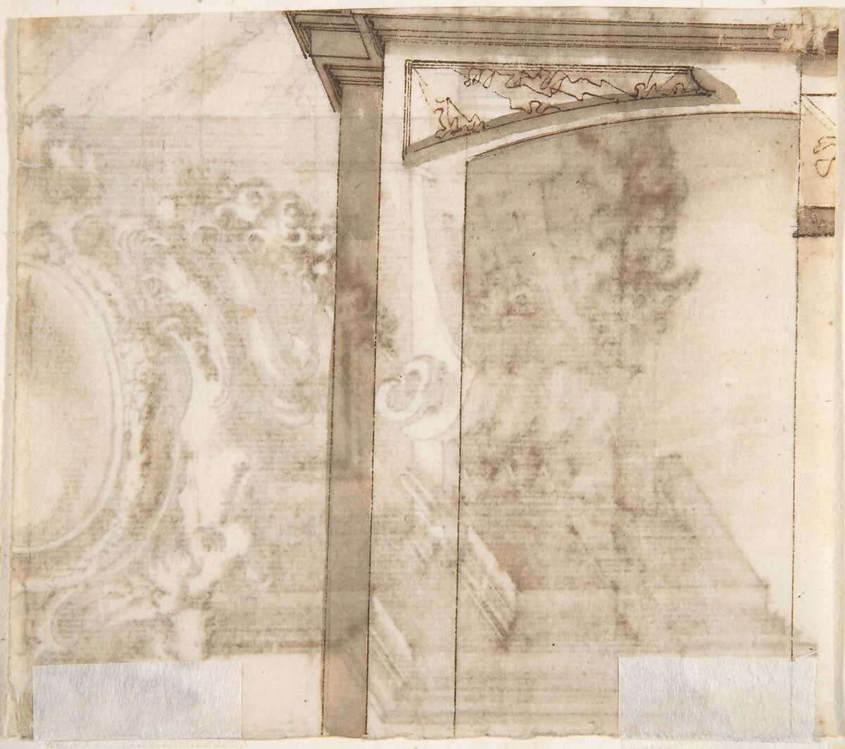Design for an Overdoor Decoration (?) (recto); Part of a Doorway (verso), Anonymous, Italian, Bolognese, 18th century, Pen and brown ink, brush and wash, over black chalk (recto); pen and brown ink (verso)