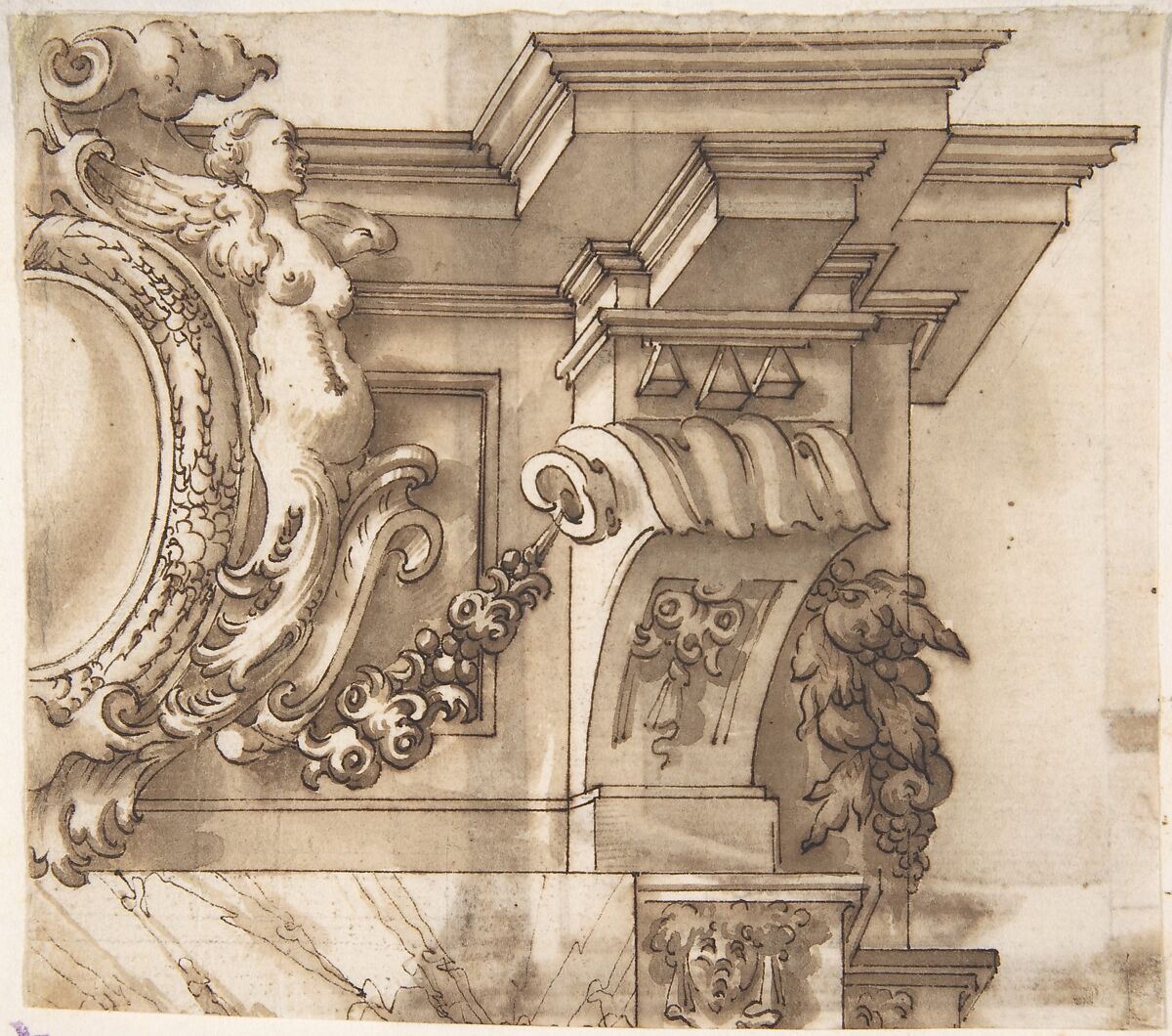 Design for an Overdoor Decoration (?) (recto);  Part of a Doorway (verso), Anonymous, Italian, Bolognese, 18th century, Pen and brown ink, brush and wash, over traces of black chalk (recto). Pen and brown ink (verso) 