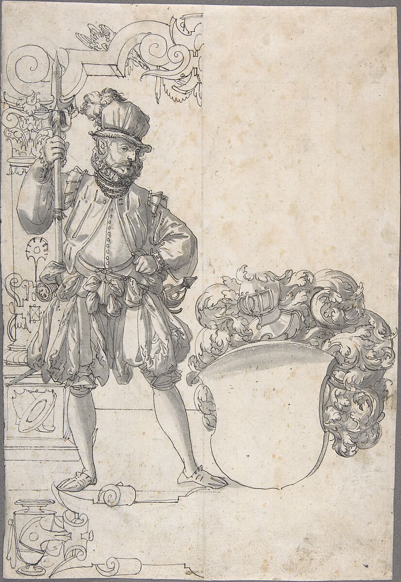 Design for Stained Glass: A Halbardier by an Unfinished Coat of Arms, Hans Jakob Plepp (Swiss, Biel ca. 1557/60–ca. 1597/98 Bern), Pen and black ink and gray wash 
