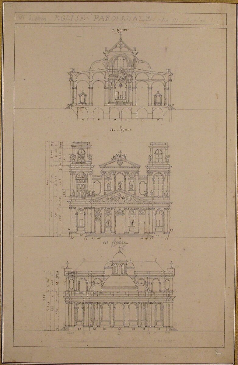Drawing of Interior, Façade, and Rear of Church, Jacques Germain Soufflot (French, Irancy 1713–1780 Paris), Pen and ink