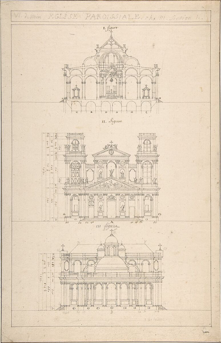 Drawing of Interior, Façade, and Rear of Church, Jacques Germain Soufflot (French, Irancy 1713–1780 Paris), Pen and ink 