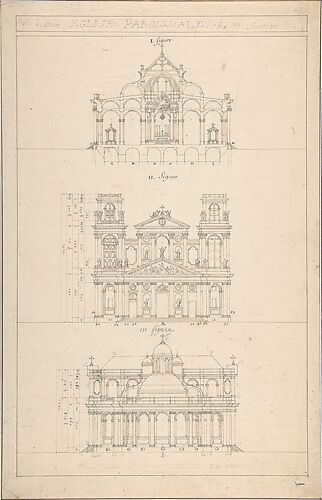 Drawing of Interior, Façade, and Rear of Church