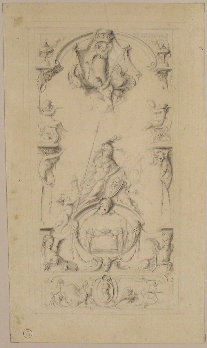 Study for an Ornamental Panel, Jean Bernard Toro (French, Dijon 1672–1731 Toulon), Pen and gray ink, brush and wash, black chalk. Border lines in black chalk.