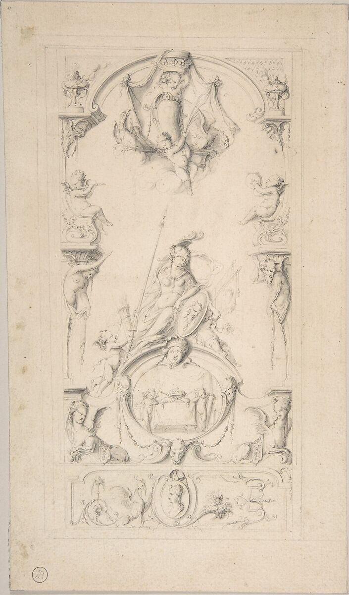 Study for an Ornamental Panel, Jean Bernard Toro (French, Dijon 1672–1731 Toulon), Pen and gray ink, brush and wash, black chalk. Border lines in black chalk. 