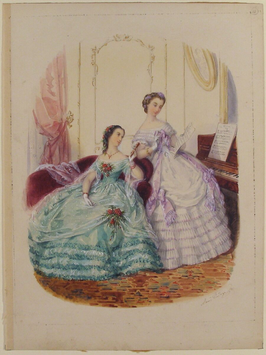 Fashion Study: Two Women in Evening Dress, Adèle-Anaïs Toudouze (French, Paris 1822–1899 Paris), Watercolor over graphite