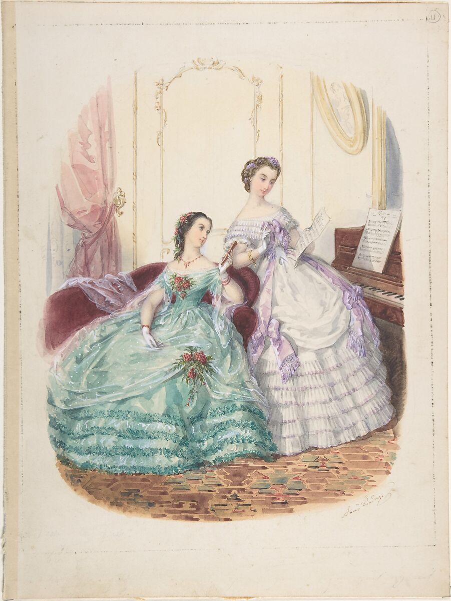Fashion Study: Two Women in Evening Dress, Adèle-Anaïs Toudouze (French, Paris 1822–1899 Paris), Watercolor over graphite 