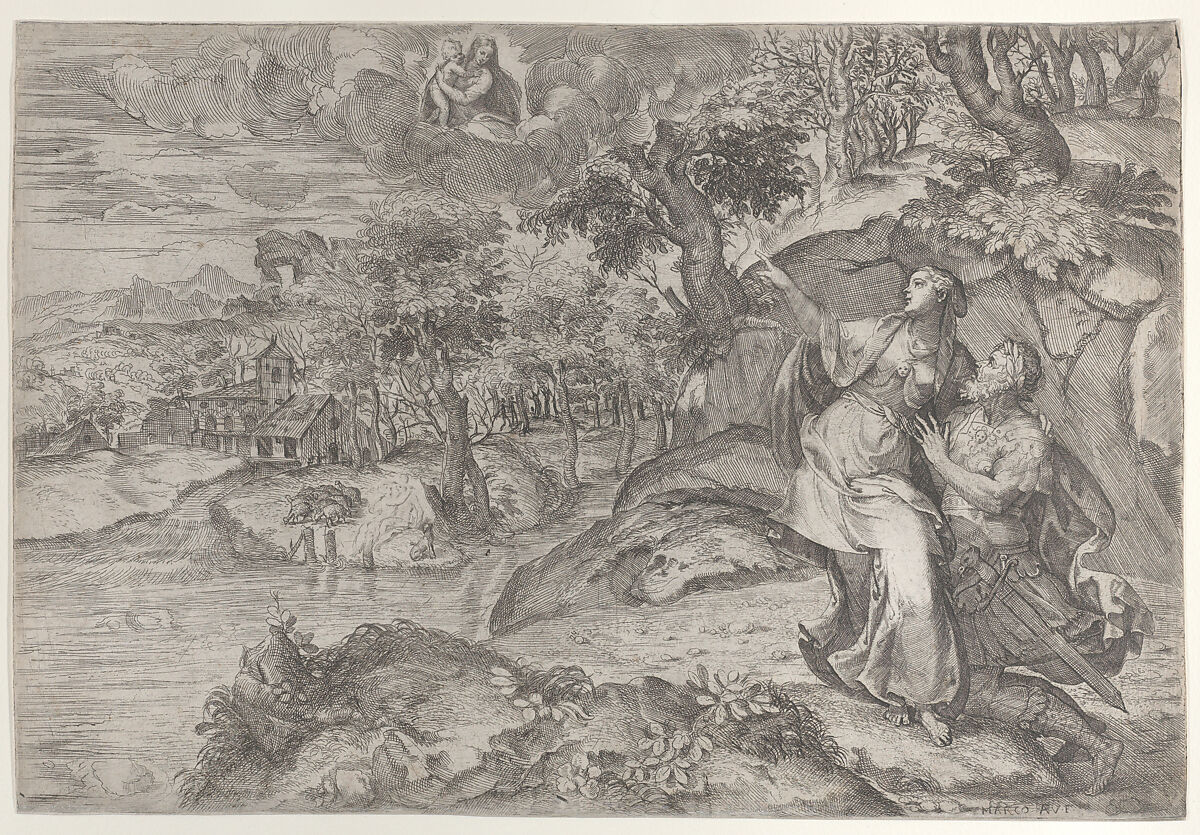 Augustus and the Tiburtine Sibyl, Marco Angolo del Moro (Italian, Verona (?) ca. 1537–after 1586), Etching 