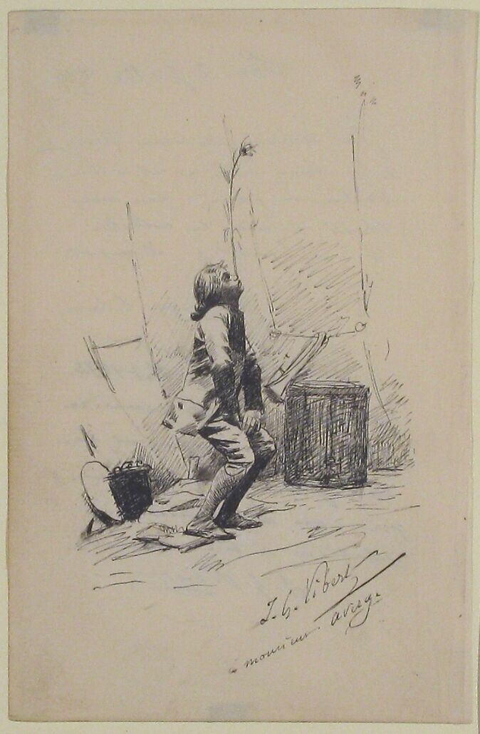 Boy Balancing a Tall Weed on His Nose, Jean-Georges Vibert (French, Paris 1840–1902 Paris), Black chalk or graphite