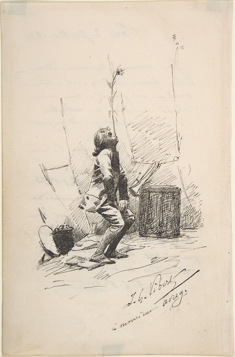 Boy Balancing a Tall Weed on His Nose, Jean-Georges Vibert (French, Paris 1840–1902 Paris), Black chalk or graphite 