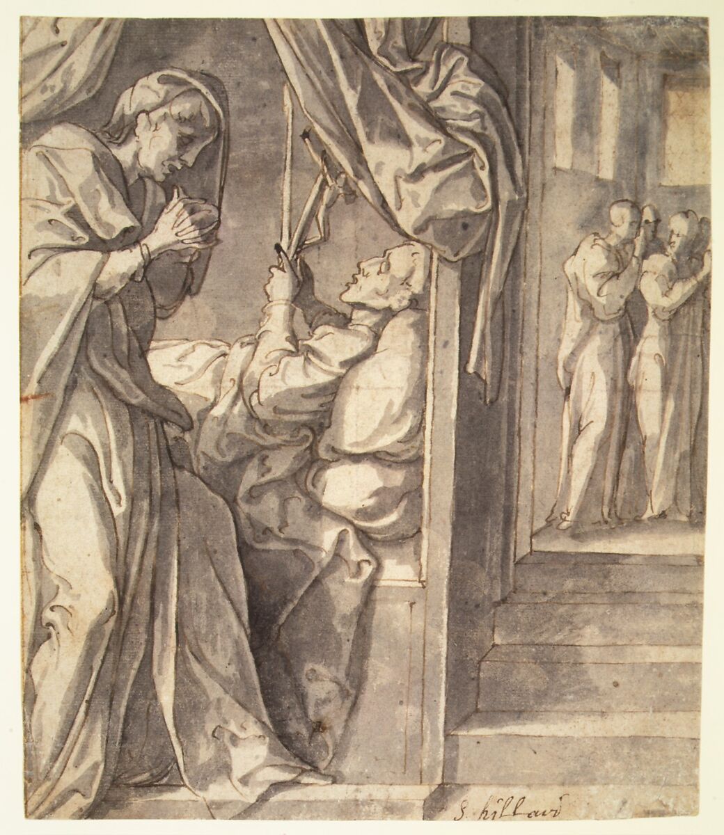 The Death of Saint Hilary (recto); Sketch of an Arm (verso), Jan van Scorel (Netherlandish, Schoorl 1495–1562 Utrecht), Pen and brown ink and gray wash; at left, a framing line in pen and brown ink (recto); red chalk (verso)
