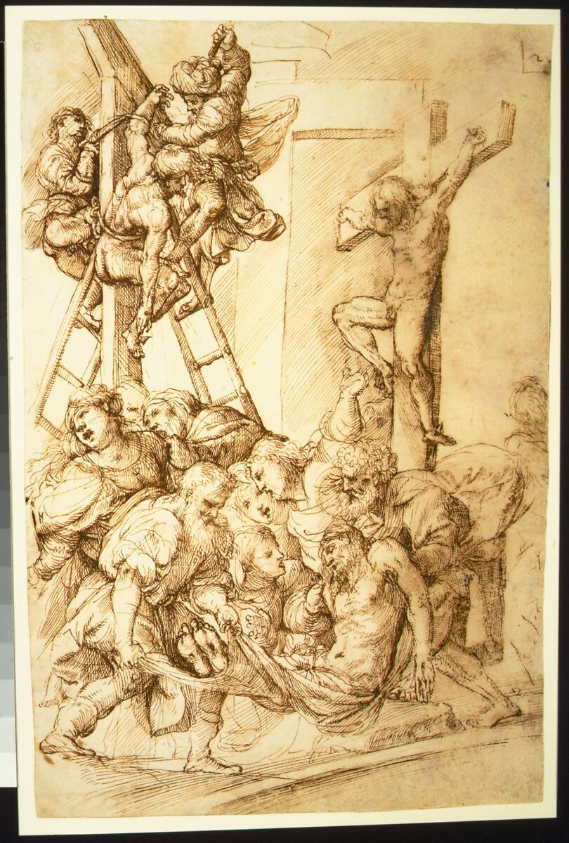 The Death of Saint Hilary (recto); Sketch of an Arm (verso), Jan van Scorel (Netherlandish, Schoorl 1495–1562 Utrecht), Pen and brown ink and gray wash; at left, a framing line in pen and brown ink (recto); red chalk (verso)