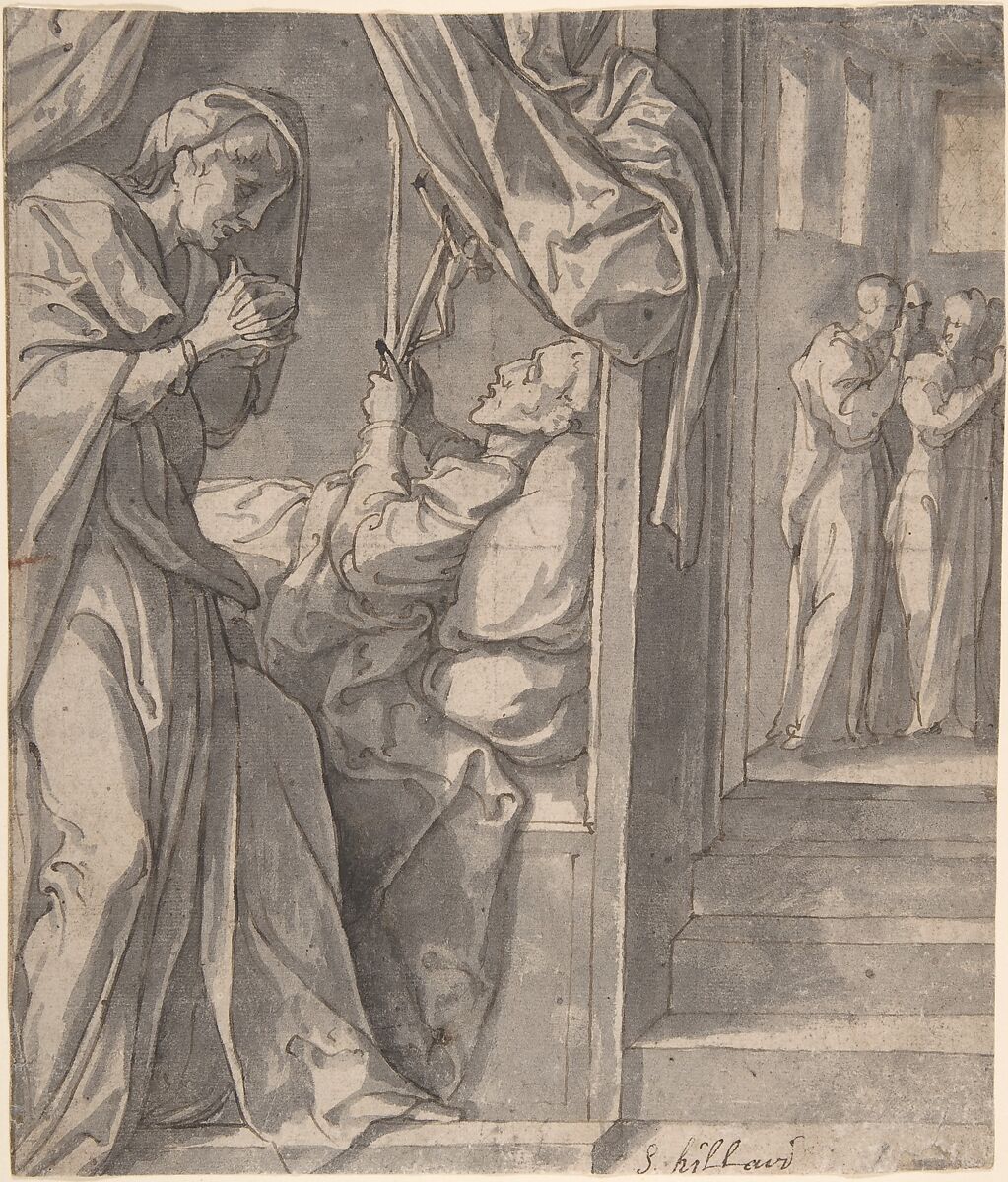 The Death of Saint Hilary; verso: Sketch of an Arm, Jan van Scorel (Netherlandish, Schoorl 1495–1562 Utrecht), Pen and brown ink and gray wash; at left, a framing line in pen and brown ink; verso: red chalk 
