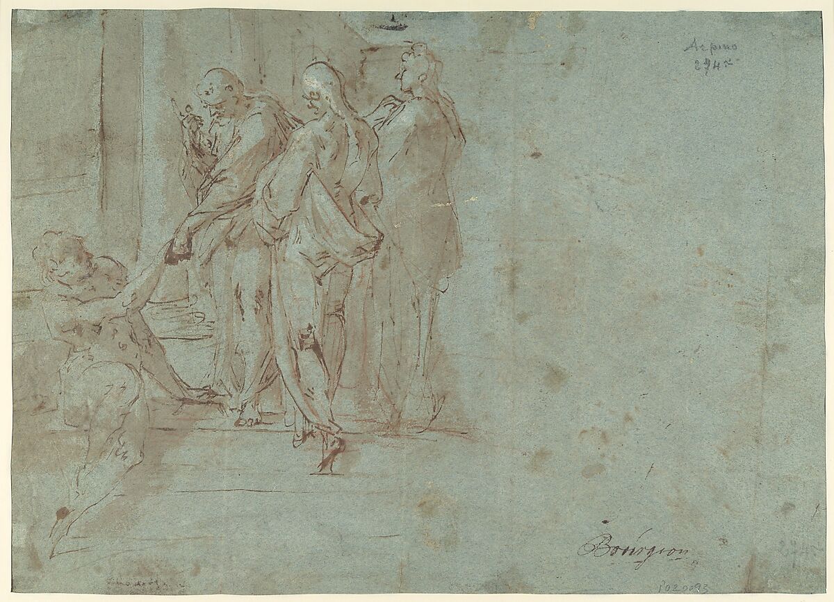 Classical Battle Scene; Verso: Peter and John Heal a Cripple at the Gate of the Temple, Bartholomeus Spranger (Netherlandish, Antwerp 1546–1611 Prague), Pen and brown ink, brush and brown wash, heightened with white, over red chalk on blue paper. Partially visible framing lines in pen and brown ink on left and bottom edges