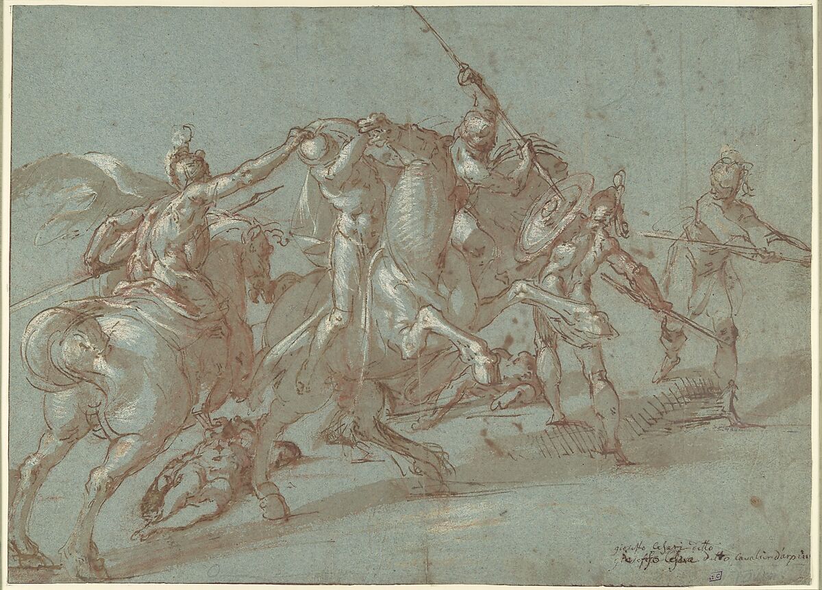 Classical Battle Scene; Verso: Peter and John Heal a Cripple at the Gate of the Temple, Bartholomeus Spranger (Netherlandish, Antwerp 1546–1611 Prague), Pen and brown ink, brush and brown wash, heightened with white, over red chalk on blue paper. Partially visible framing lines in pen and brown ink on left and bottom edges