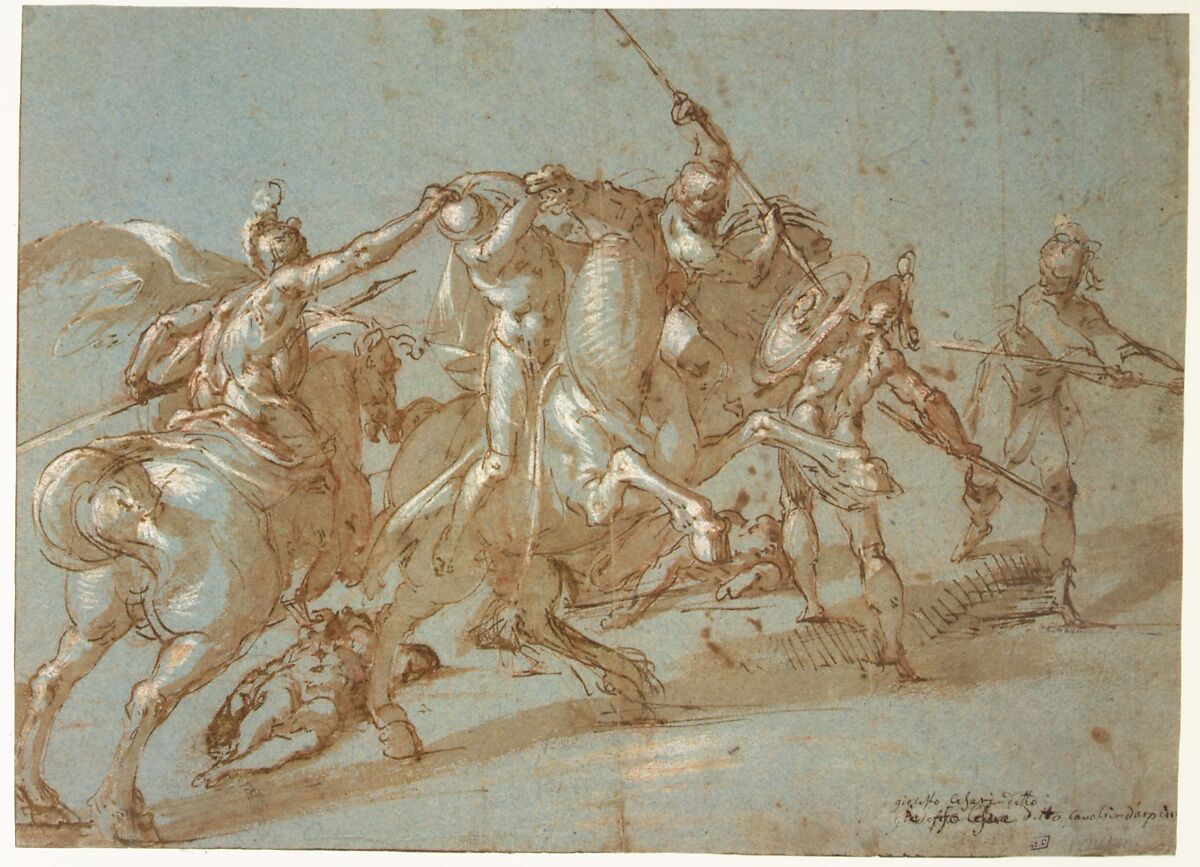 Classical Battle Scene; Verso: Peter and John Heal a Cripple at the Gate of the Temple, Bartholomeus Spranger (Netherlandish, Antwerp 1546–1611 Prague), Pen and brown ink, brush and brown wash, heightened with white, over red chalk on blue paper. Partially visible framing lines in pen and brown ink on left and bottom edges