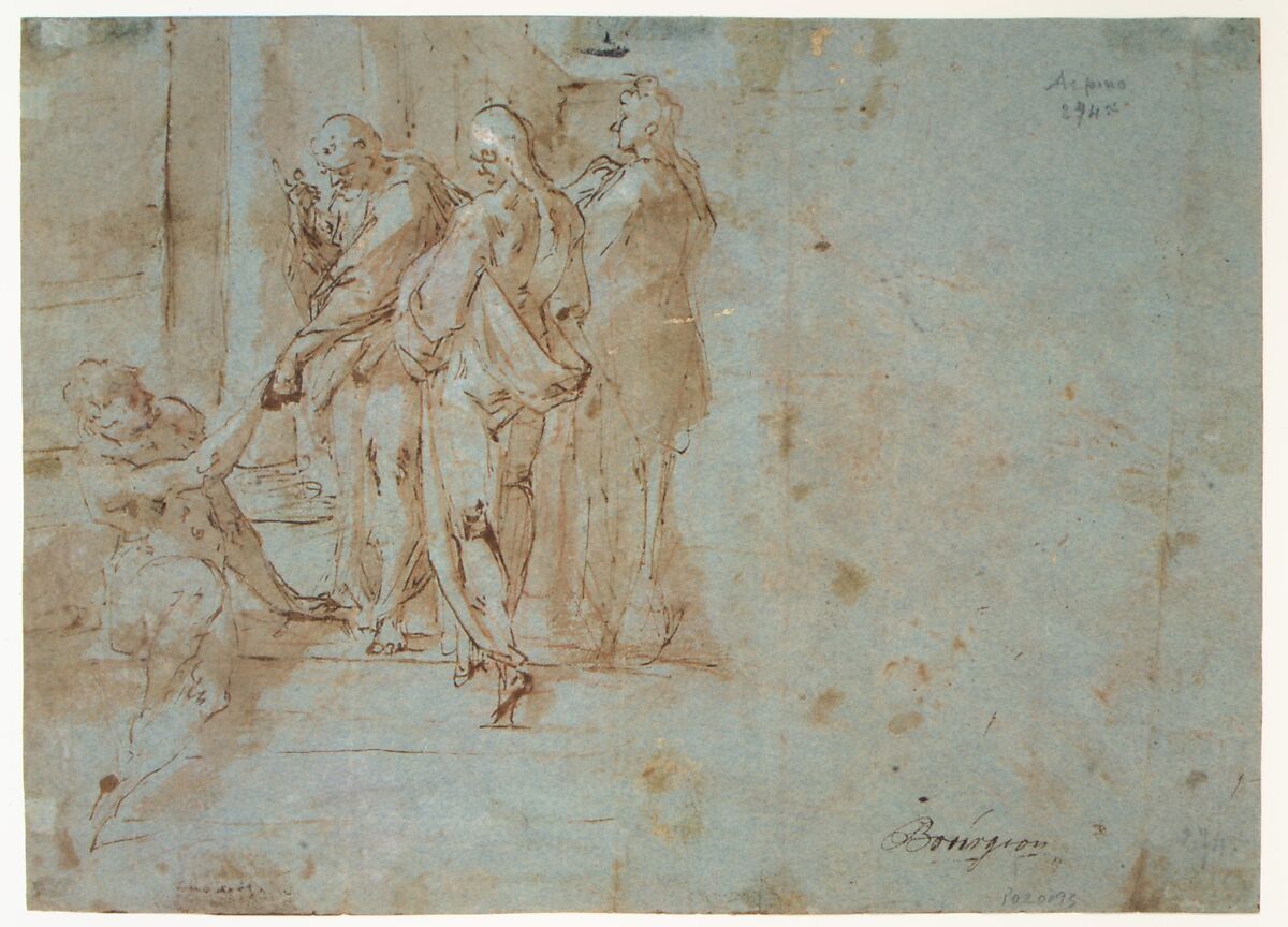 Classical Battle Scene; Verso: Peter and John Heal a Cripple at the Gate of the Temple, Bartholomeus Spranger (Netherlandish, Antwerp 1546–1611 Prague), Pen and brown ink, brush and brown wash, heightened with white, over red chalk on blue paper. Partially visible framing lines in pen and brown ink on left and bottom edges