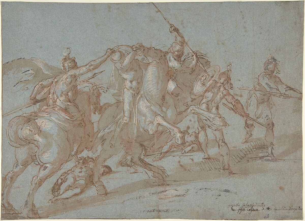 Classical Battle Scene; Verso: Peter and John Heal a Cripple at the Gate of the Temple, Bartholomeus Spranger (Netherlandish, Antwerp 1546–1611 Prague), Pen and brown ink, brown wash, heightened with white, over red chalk on blue paper. Partially visible framing lines in pen and brown ink on left and bottom edges 