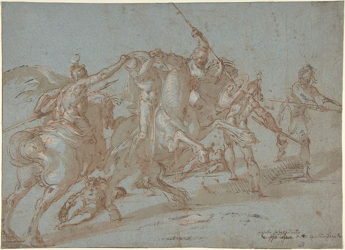 Classical Battle Scene; Verso: Peter and John Heal a Cripple at the Gate of the Temple, Bartholomeus Spranger  Netherlandish, Pen and brown ink, brush and brown wash, heightened with white, over red chalk on blue paper. Partially visible framing lines in pen and brown ink on left and bottom edges