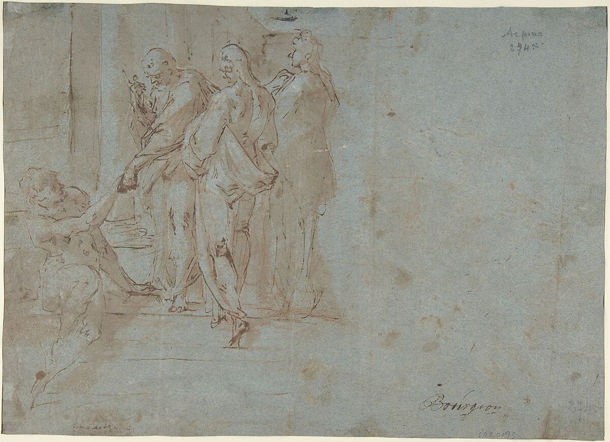 Classical Battle Scene; Verso: Peter and John Heal a Cripple at the Gate of the Temple, Bartholomeus Spranger (Netherlandish, Antwerp 1546–1611 Prague), Pen and brown ink, brush and brown wash, heightened with white, over red chalk on blue paper. Partially visible framing lines in pen and brown ink on left and bottom edges