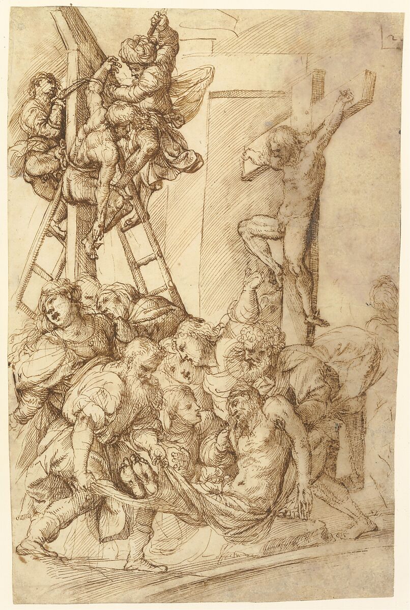 The Deposition from the Cross, Domenico Campagnola (Italian, Venice (?) 1500–1564 Padua), Pen and brown ink