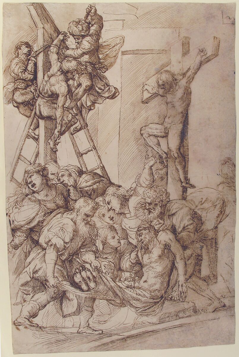 The Deposition from the Cross, Domenico Campagnola (Italian, Venice (?) 1500–1564 Padua), Pen and brown ink