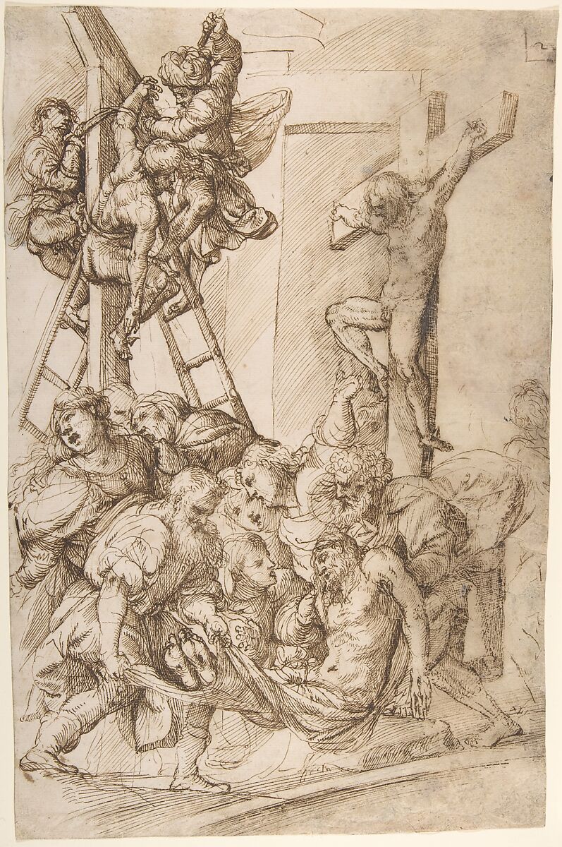 The Deposition from the Cross, Domenico Campagnola (Italian, Venice (?) 1500–1564 Padua), Pen and brown ink 