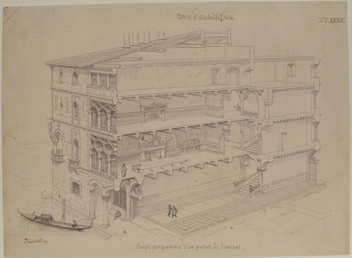 Perspectival Cross-Section of a Venetian Palace, Eugène-Emmanuel Viollet-le-Duc (French, Paris 1814–1879 Lausanne), Pen and gray ink, brush and light wash, metal point framing lines, with small spatters of brown wash