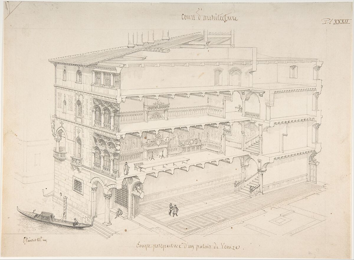 Perspectival Cross-Section of a Venetian Palace, Eugène-Emmanuel Viollet-le-Duc (French, Paris 1814–1879 Lausanne), Pen and gray ink, brush and light wash, metal point framing lines, with small spatters of brown wash 