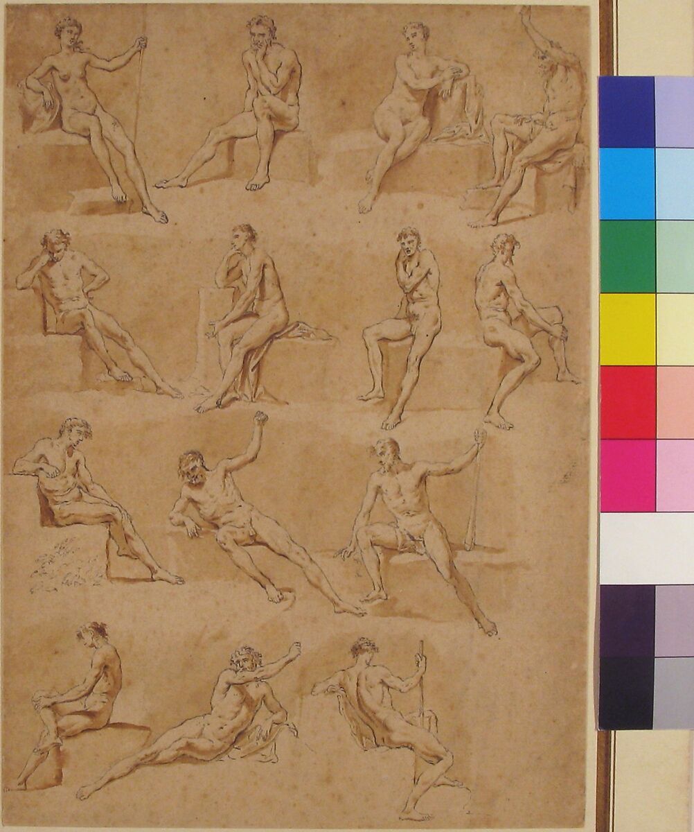 Figure Studies, Hubert François Gravelot (French, Paris 1699–1773 Paris), Pen and gray ink, brush and brown wash