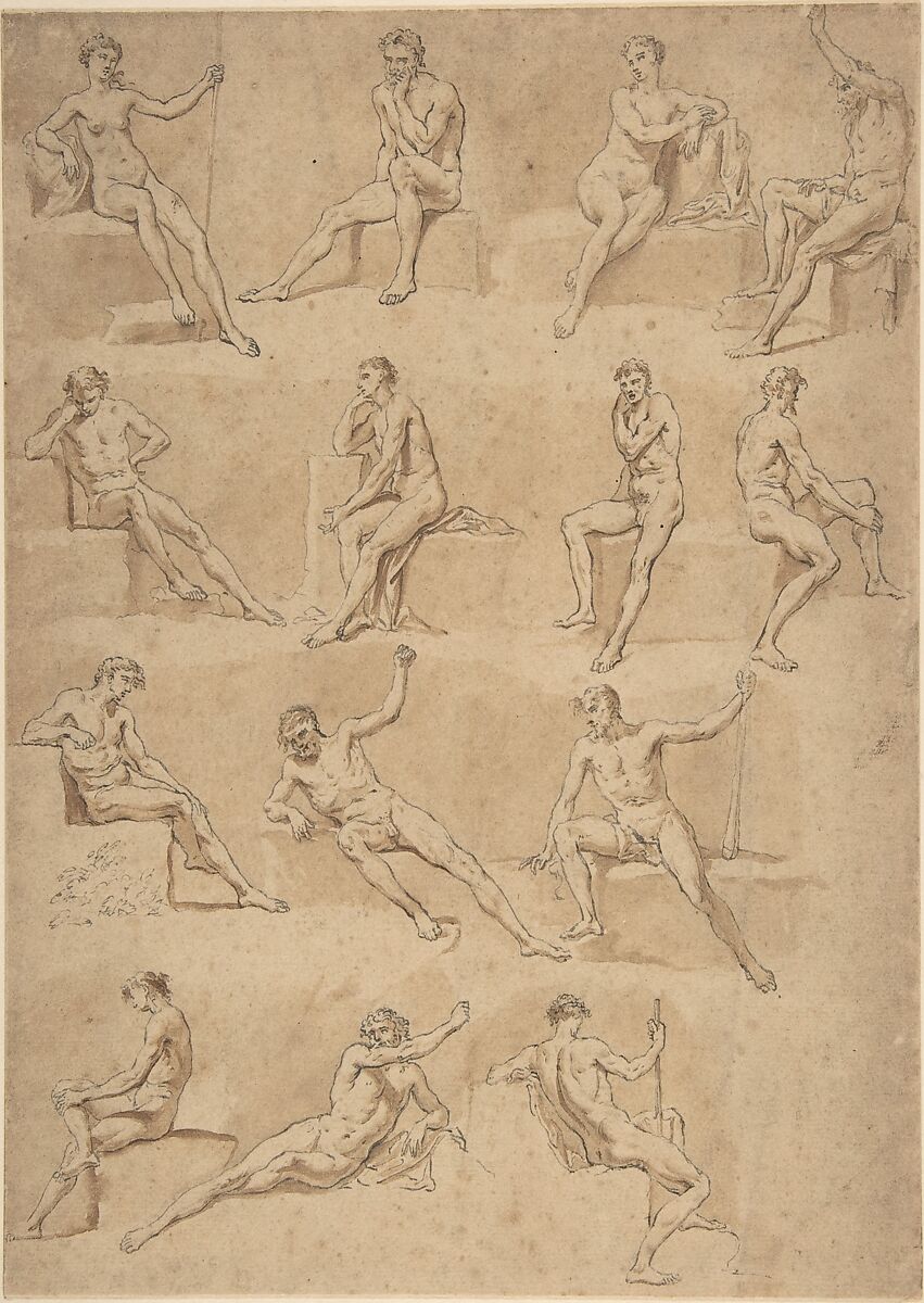 Figure Studies, Hubert François Gravelot (French, Paris 1699–1773 Paris), Pen and gray ink, brush and brown wash 