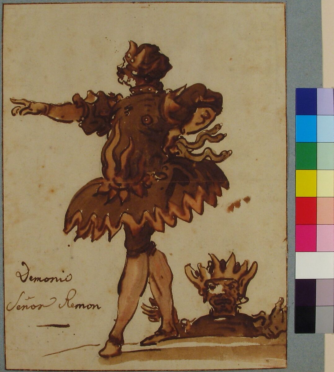 Costume Design for a Demon (Señor Remon), for a performance held during the celebration of the wedding of Marie-Louise de Bourbon with Archduke Léopold de Habsbourg-Lorraine, hosted by the Marquis of Ossuna in Madrid in 1764, Charles de La Traverse (French, Paris 1726–1787 Paris), Pen and brown ink, brush and brown wash, over graphite underdrawing.  Framing lines in pen and brown ink.