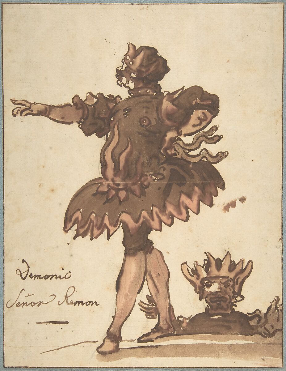 Costume Design for a Demon (Señor Remon), for a performance held during the celebration of the wedding of Marie-Louise de Bourbon with Archduke Léopold de Habsbourg-Lorraine, hosted by the Marquis of Ossuna in Madrid in 1764, Charles de La Traverse (French, Paris 1726–1787 Paris), Pen and brown ink, brush and brown wash, over graphite underdrawing.  Framing lines in pen and brown ink. 