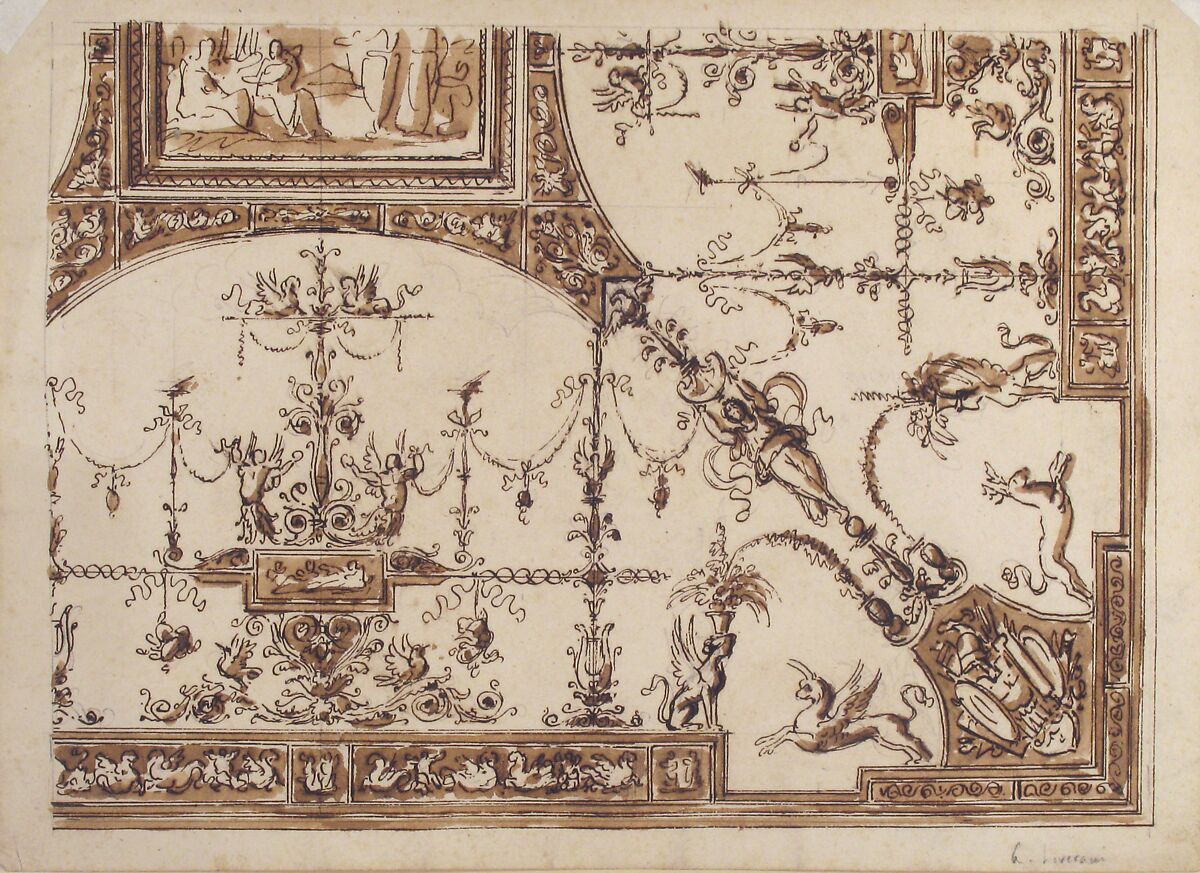 Ceiling Design with Grotesques, Antonio Liverani (Italian, 1795–1878), Pen and brown ink, brush and brown wash, over graphite underdrawing