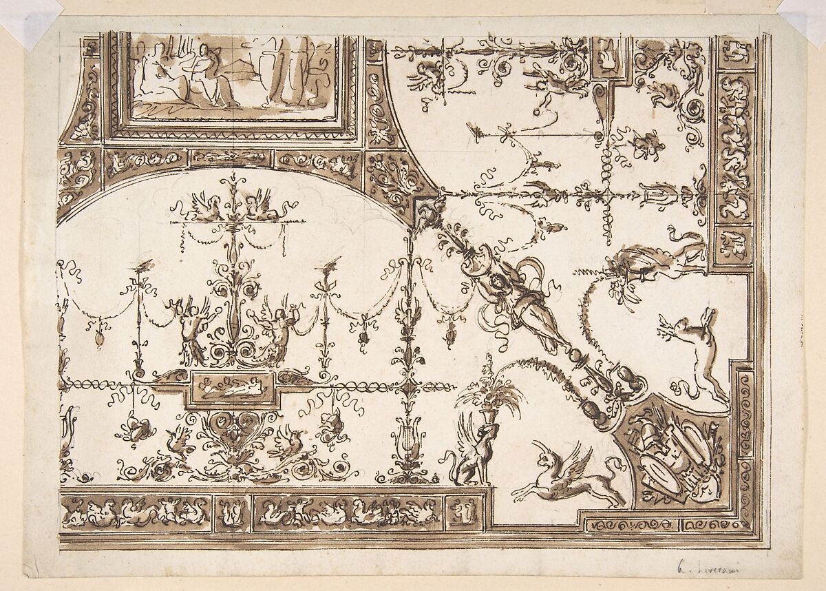 Ceiling Design with Grotesques, Antonio Liverani (Italian, 1795–1878), Pen and brown ink, brush and brown wash, over graphite underdrawing 