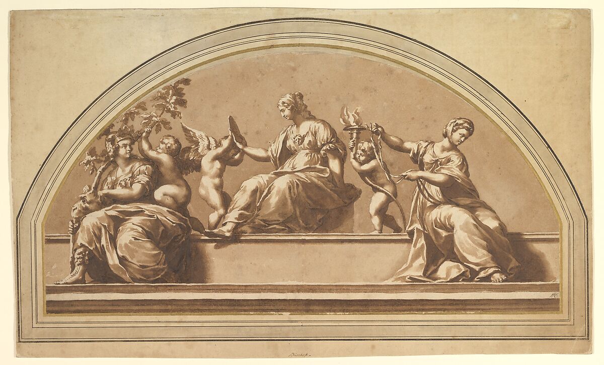 The Three Virtues (after Raphael), Jan de Bisschop (Dutch, Amsterdam 1628–1671 The Hague), Pen and brown ink, brush and brown wash, over black chalk 
