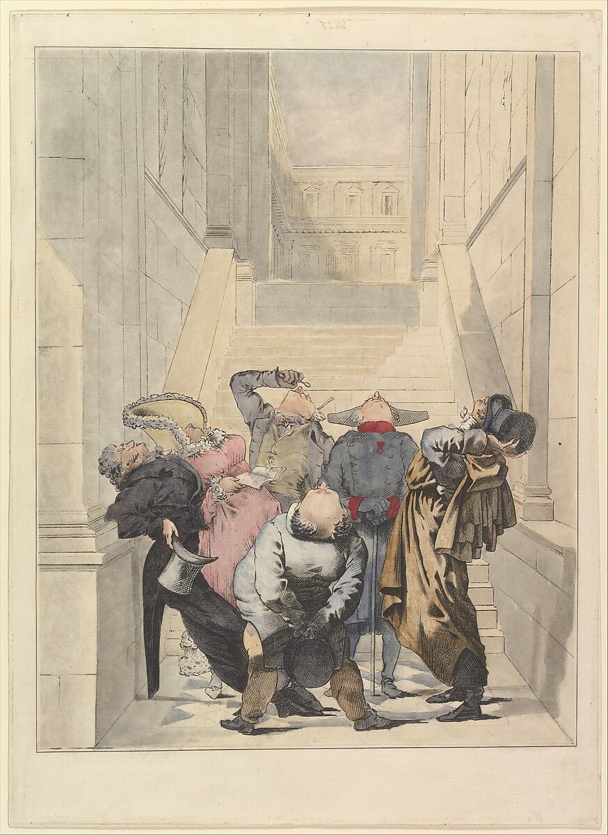 Visitors to the Salon Exhibition, Admiring the Ceiling (Les Amateurs de plafonds au Salon), Louis Philibert Debucourt (French, Paris 1755–1832 Paris), Hand-colored etching 