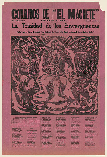 The Trinity of Scoundrels or the Shameless Trinity (La trinidad de los sinvergüenzas), Corridos de 'El Machete', David Alfaro Siqueiros (Mexican, Camargo 1896–1974 Cuernevaca), Woodcut and letterpress on purple paper 