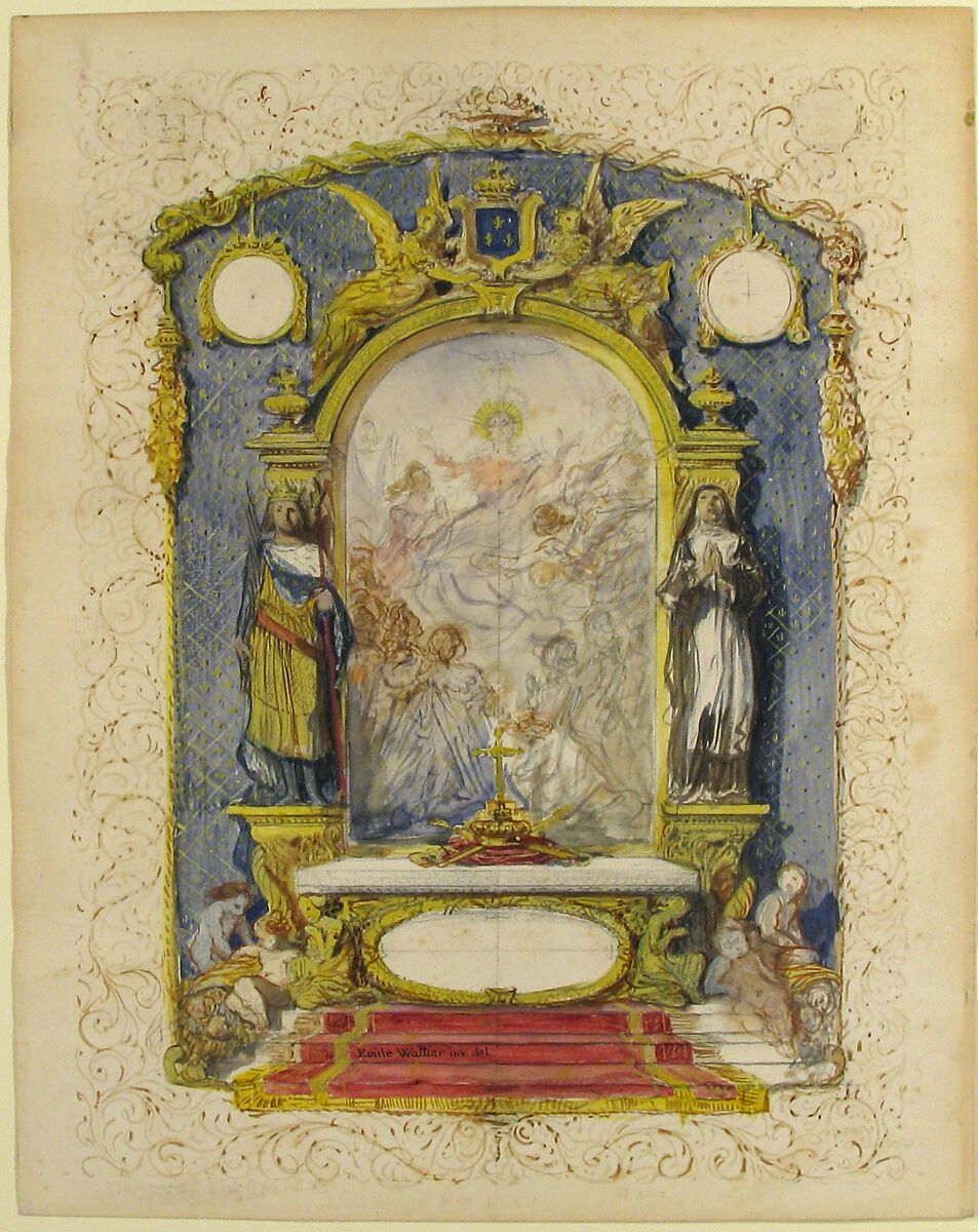Altar Flanked by St. Louis and St. Theresa, Emile-Charles Wattier (French, Paris 1800–1868 Paris), Watercolor