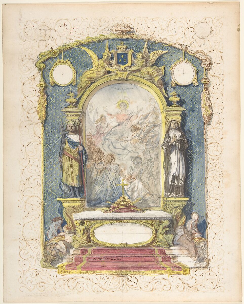 Altar Flanked by St. Louis and St. Theresa, Emile-Charles Wattier (French, Paris 1800–1868 Paris), Watercolor 