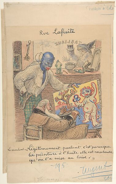 Rue Lafuite (Ambroise Vollard's Gallery on the rue Lafitte), Adolphe-Léon Willette (French, Châlons-sur-Marne 1857–1926 Paris), Pen and ink, blue pencil, and watercolor on heavy wove paper 