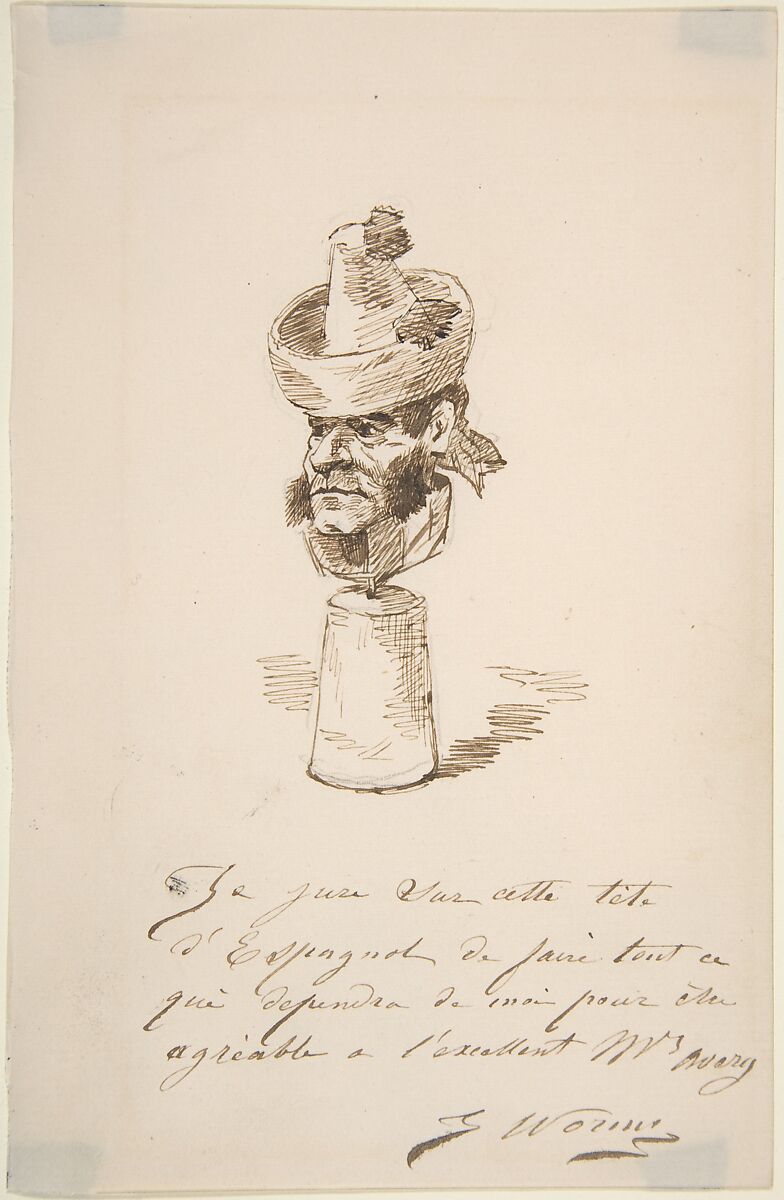 Caricatured Head of a Spaniard, Jules Worms (French, Paris, 1832–1914), Pen and brown ink 