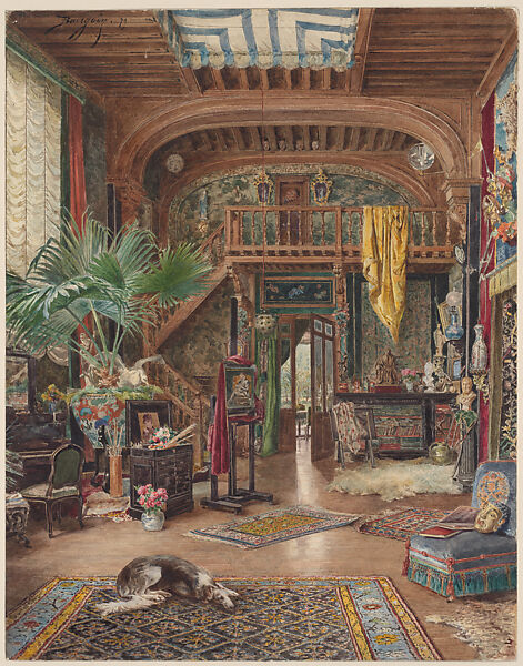 Sarah Bernhardt's Studio, Marie-Desirée Bourgoin (French, 1839–1912), Watercolor and gouache over graphite 