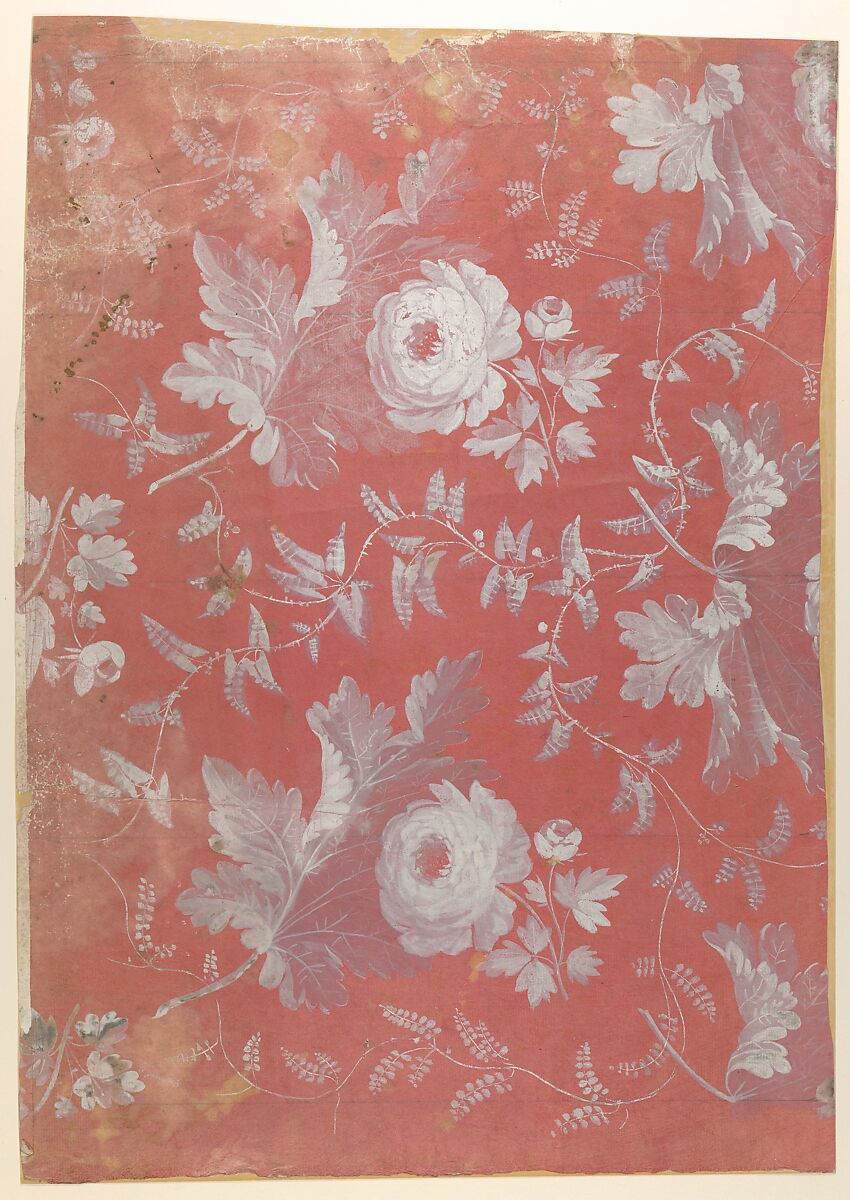 Design for Patterned Silk, Attributed to Jean François Bony (French, Givors 1760–1825 Paris), Watercolor and gouache on pink paper 